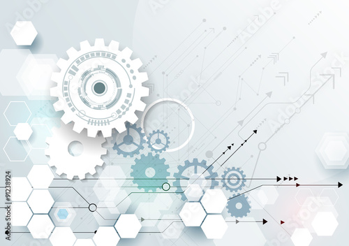 Vector illustration gear wheel, hexagons and circuit board, Hi-tech digital technology and engineering, digital telecom technology concept. Abstract futuristic on light blue color background