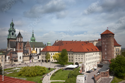 Krakow Wawel castle towers roof view with yard, Poland, Europe