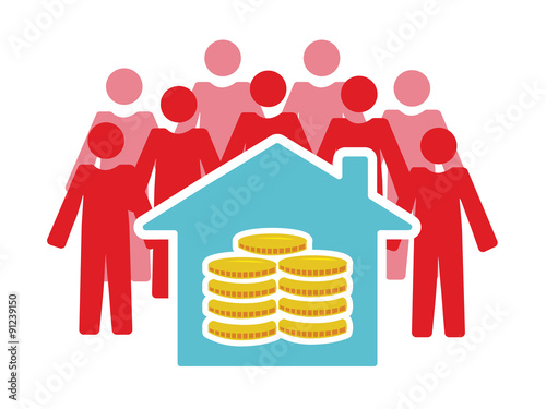 Vector image of people around a house with money