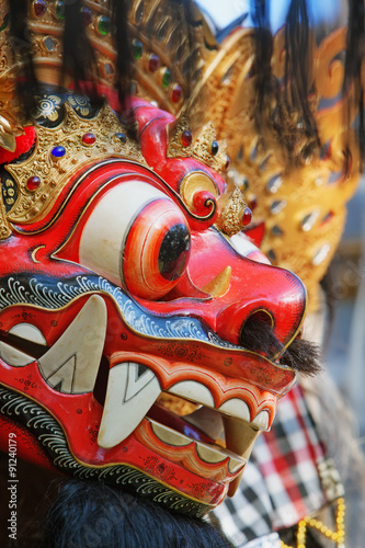 Barong - protective spirit and Bali island symbol, is featured in tourist attraction - traditional Balinese dance. Arts, religion and culture festivals of Indonesian people. Asian travel backgrounds.