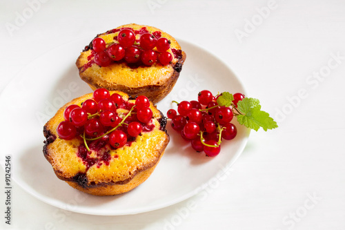 Delicious cakes with red currant on a plate