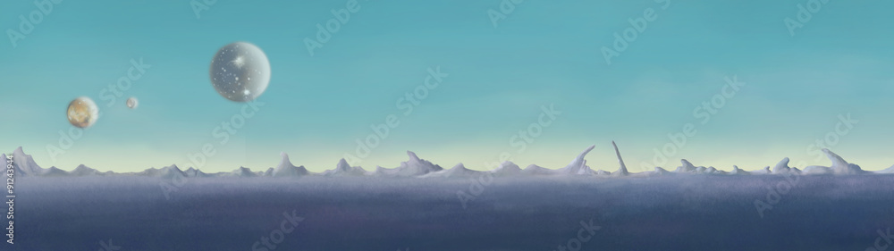 Fototapeta premium Astronomy, planets. Desert on the blue planet. Digital background raster illustration.