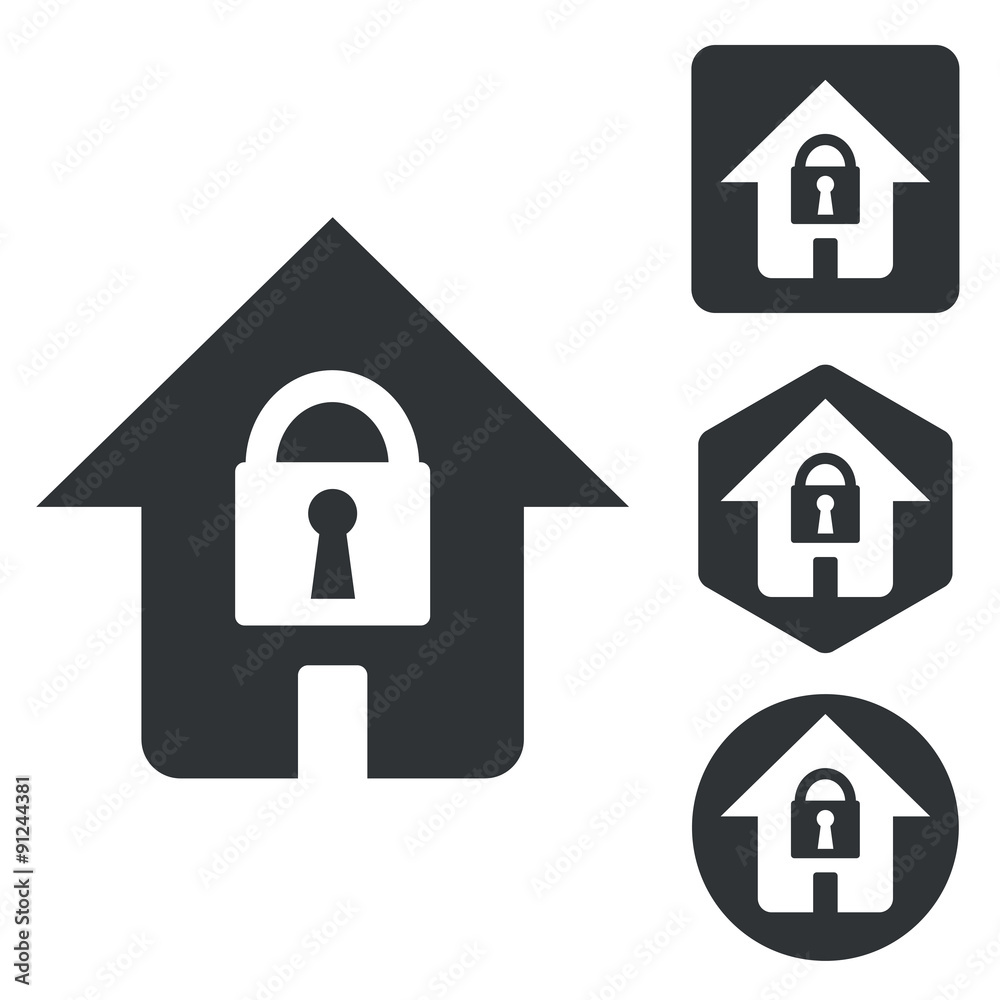 Locked house icon set, monochrome Locked house icon set, monochrome