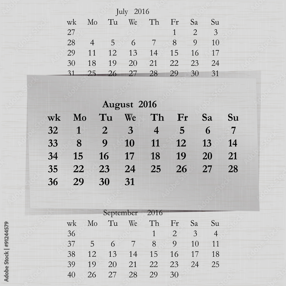 Calendar Month For 16 Pages August Start Monday Stock Vector Adobe Stock