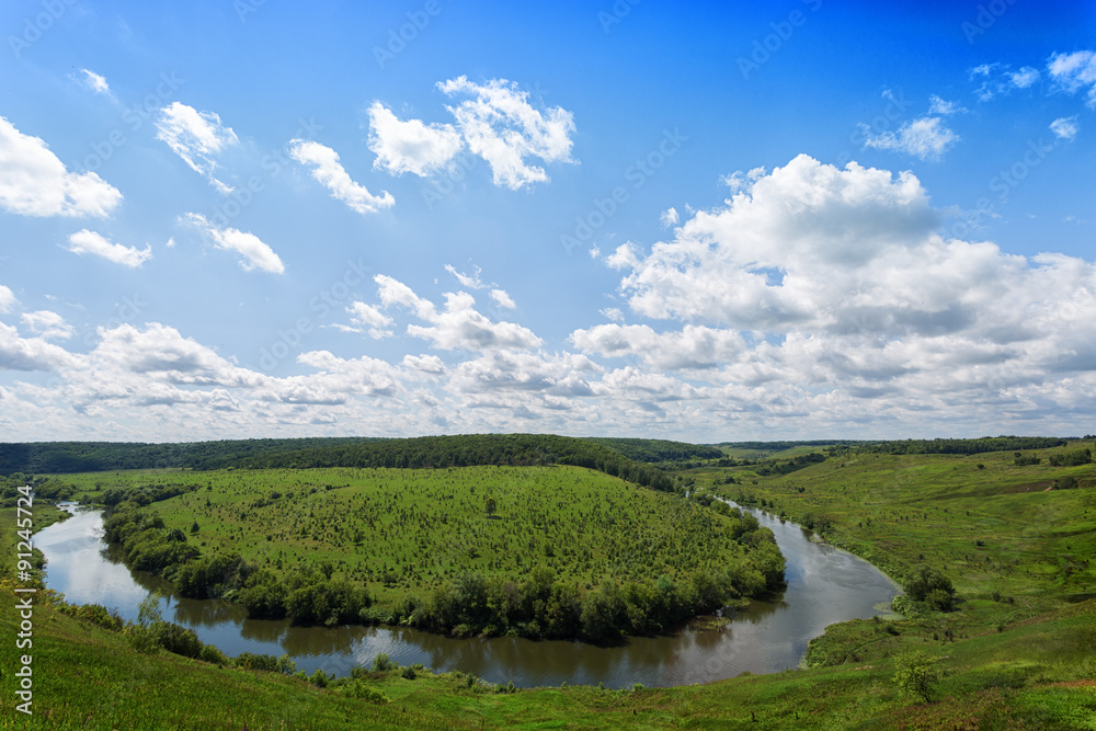 View of Krasivaya Mecha River from the high hill in the sunny summer day View of Krasivaya Mecha River from the high hill in the sunny summer day