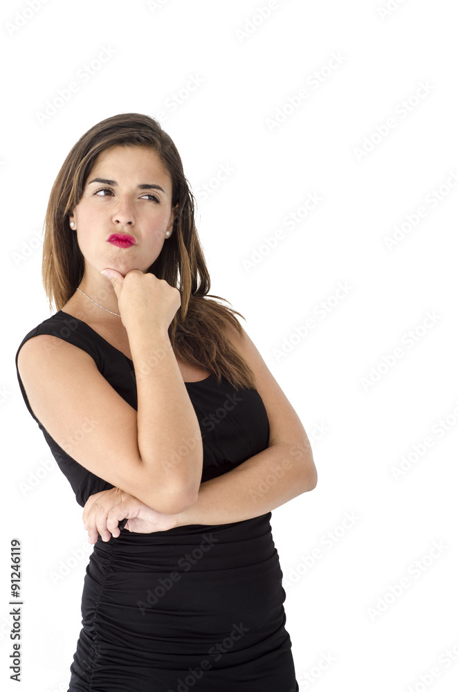 Caucasian girl thinking with long hair, black dress, simple makeup