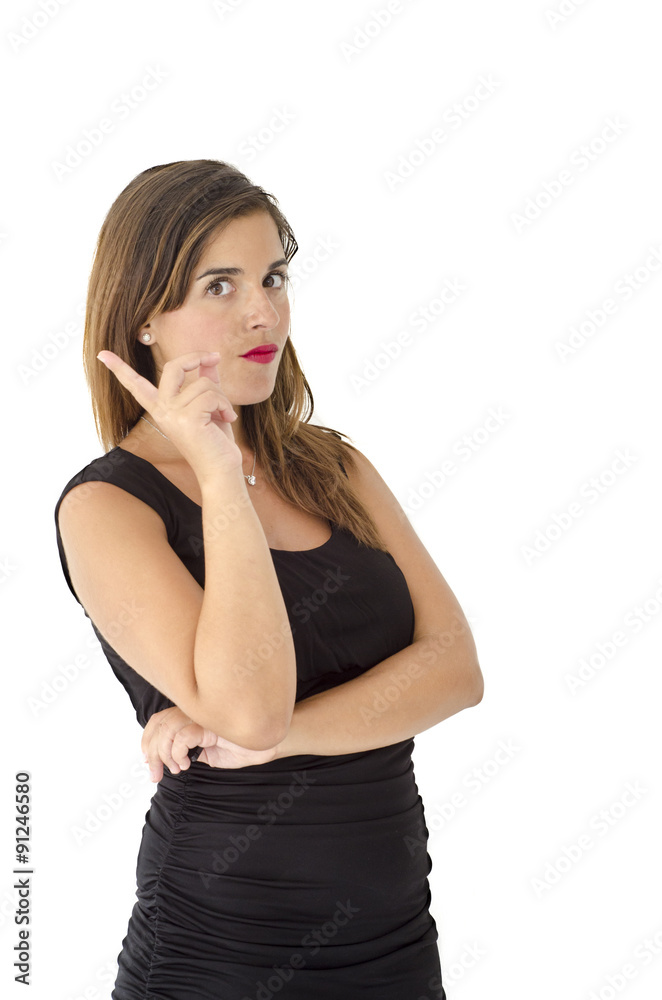 Caucasian girl thinking, with long hair, black dress, simple makeup Caucasian girl thinking, with long hair, black dress, simple makeup