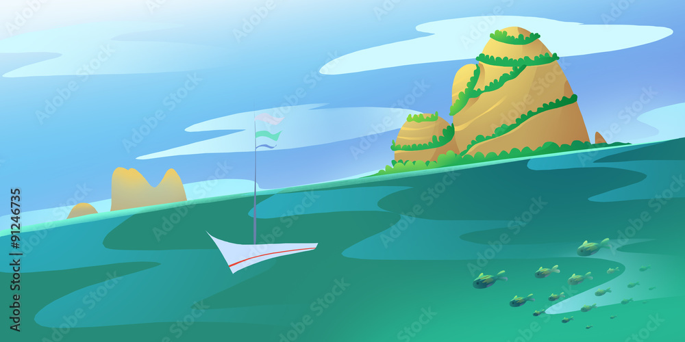 Big High Lonely Island and some Rocks in the Ocean or a Sea. Calm green water current. Blue Sky with Clouds. Digital background raster illustration.