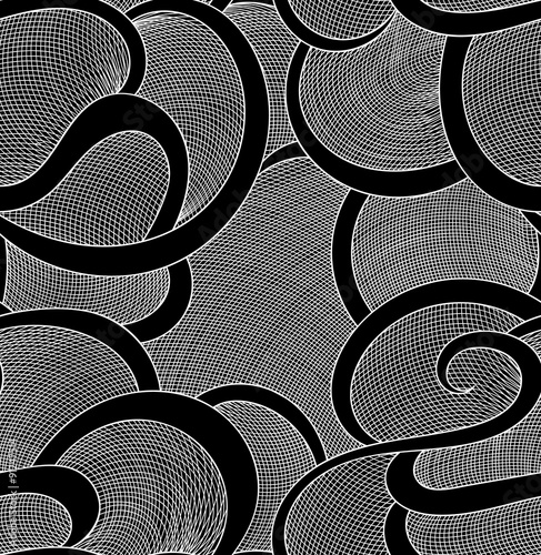 Abstract vector seamless pattern with curling lines and grid. Decorative endless texture