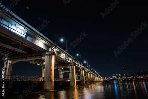 Bangpo bridge in the night of Seoul korea with Seoul Tower for Background