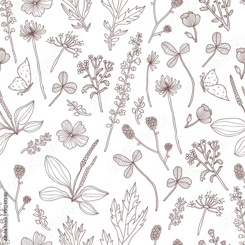 Vector seamless pattern with flowers and grass, hand drawn vector illustration. Seamless pattern can be used for wallpaper, pattern fills, web page background, surface textures.