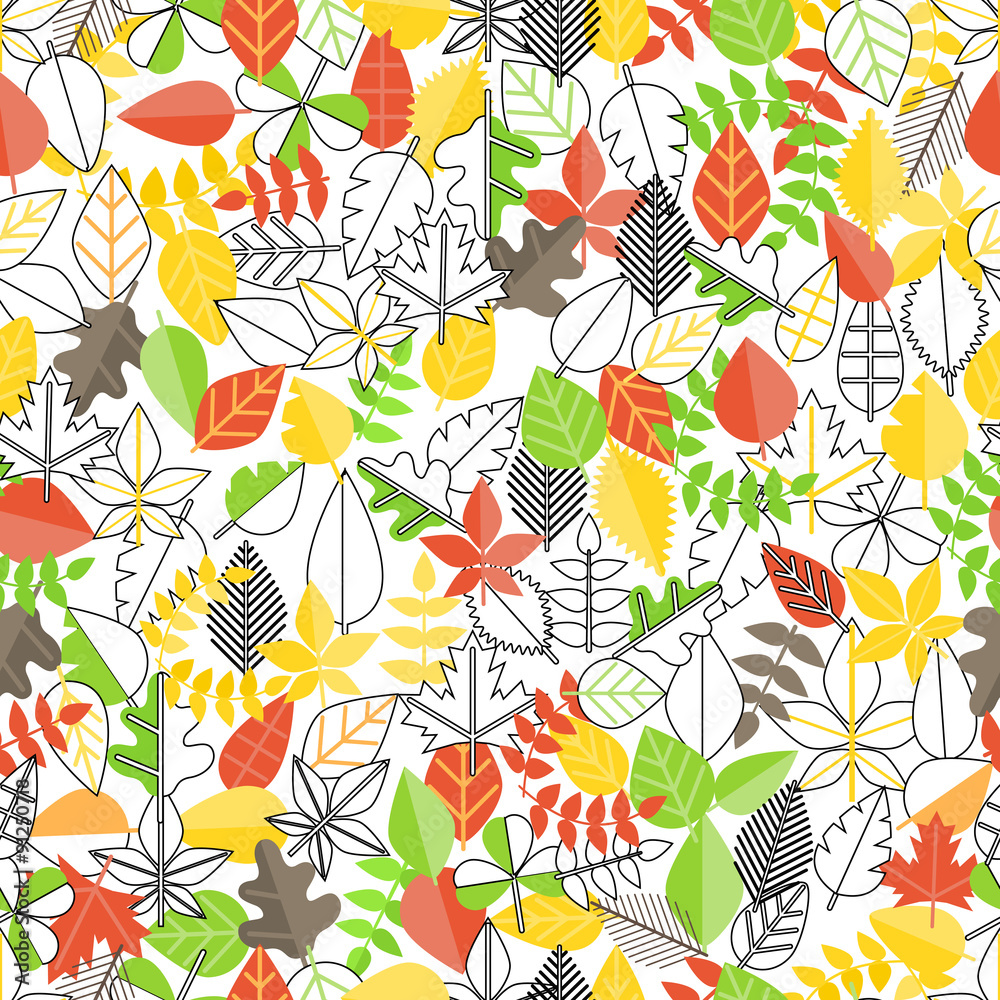 Fototapeta premium Different leaf collection seamless background. Simple line desig