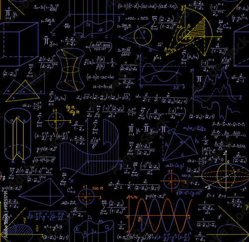 Mathematical vector seamless pattern with figures, formulas, plots, geometry tasks and other calculations, "handwritten on the copybook paper", different colors