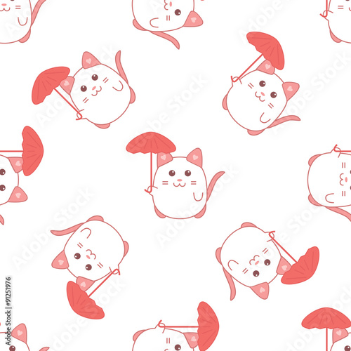Cute seamless pattern with cat and umbrella