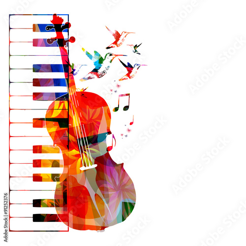 Colorful violoncello design with hummingbirds