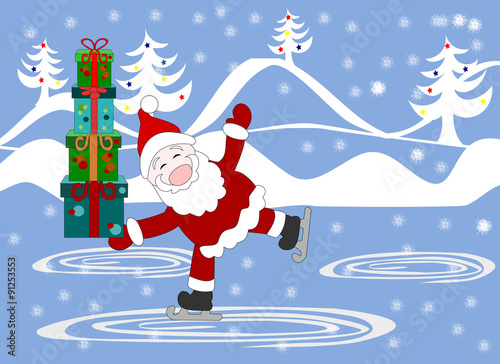 Cute Santa Claus with gifts in the boxes skate at the rink