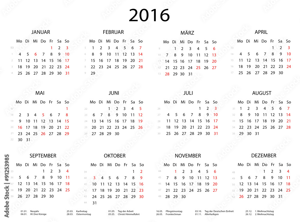 Jahreskalender 2016 quer mit Feiertagen