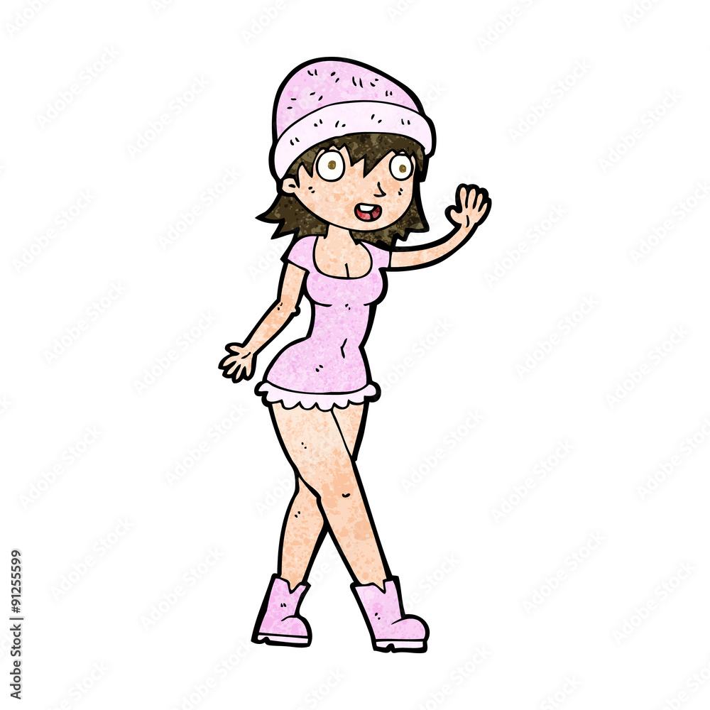 cartoon pretty girl in hat waving cartoon pretty girl in hat waving