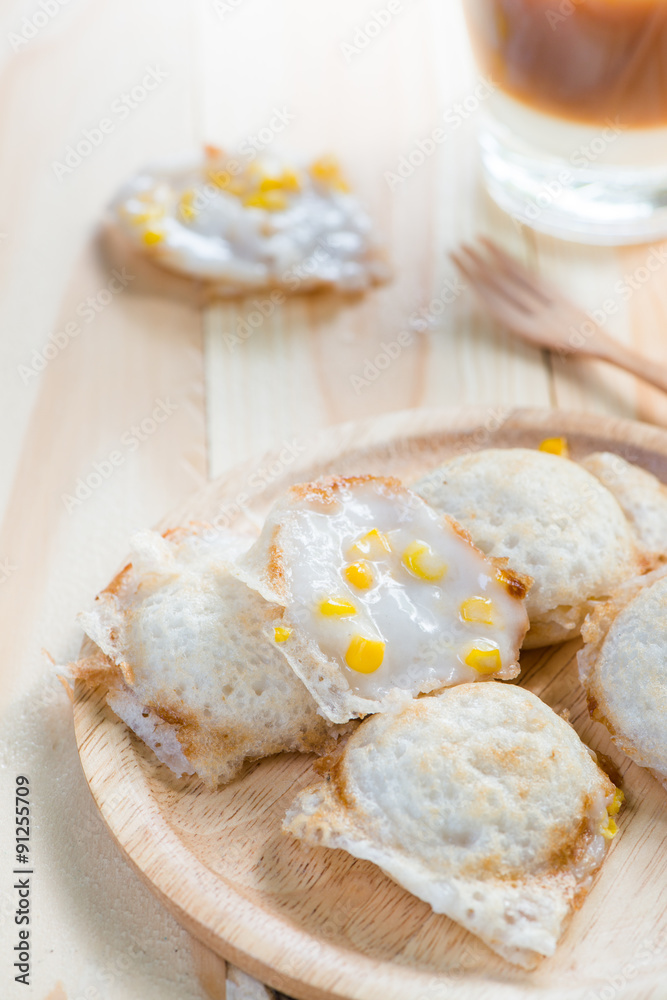 corn on coconut rice cake, Kind of traditional Thai sweetmeat ca corn on coconut rice cake, Kind of traditional Thai sweetmeat ca