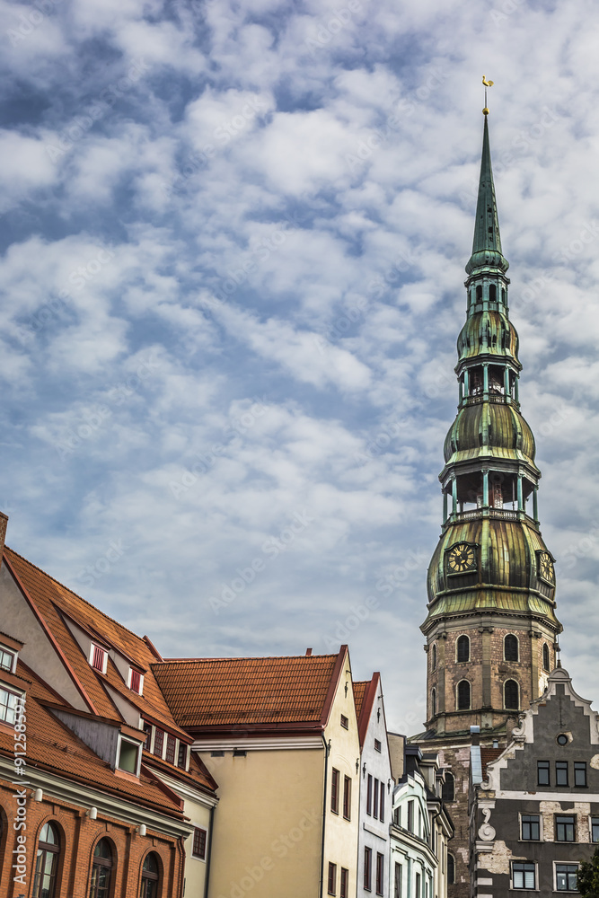 Obraz premium Saint Peters Church is a tall Lutheran church in Riga, Latvia