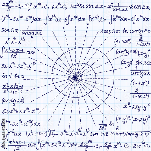 Mathematical vector seamless pattern with geometrical spiral, calculations and equations, "handwritten on the grid copybook paper". Endless math texture