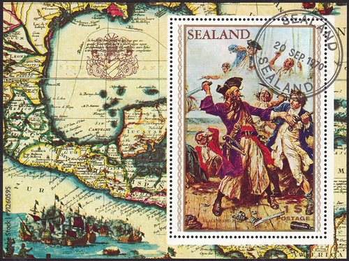 postage stamp Sealand 1970, Edward Teach Blackbeard,pirate attack photo