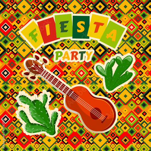 Mexican Fiesta Party poster with mexican guitar and cactuses. Flyer or greeting card template with geometric background. Vector illustration