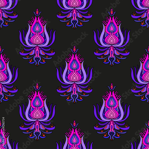 Pink hand drawn oriental seamless pattern on black background