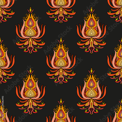 Orange hand drawn oriental seamless pattern on maroon background