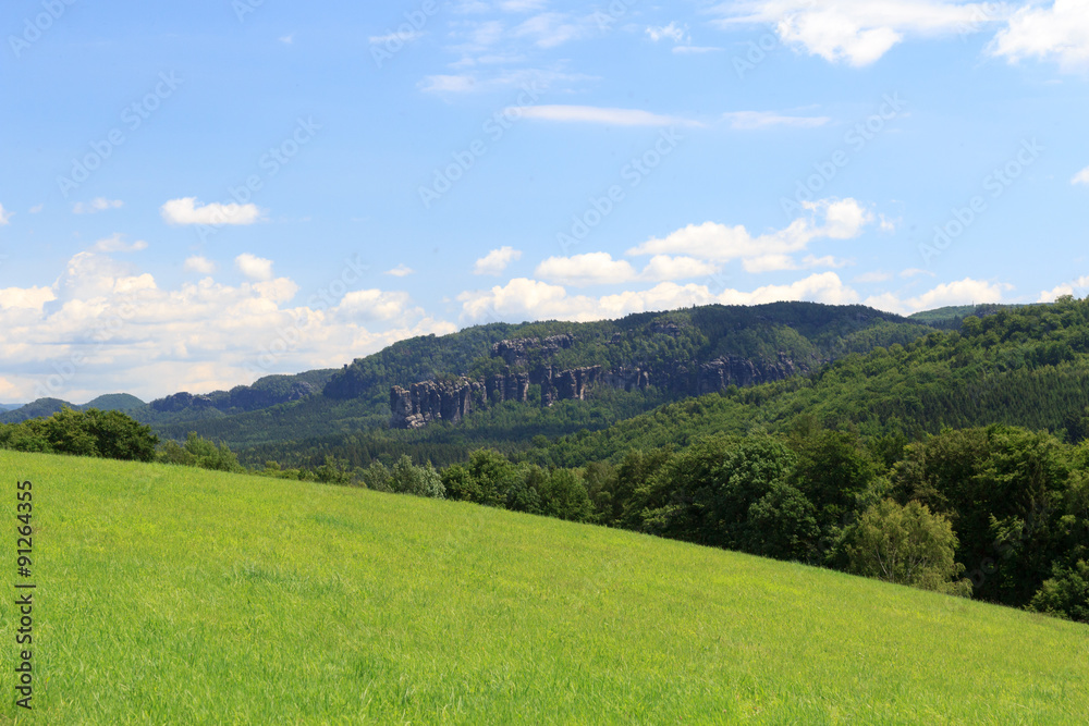 Group of rocks Affensteine with meadow and blue sky in Saxon Switzerland