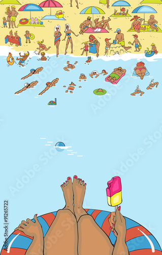 Summer beach. People relax, sunbathe, swim. Waves lapping on the sand. Template poster.Tanned young woman swimming in the warm sea and eating ice cream