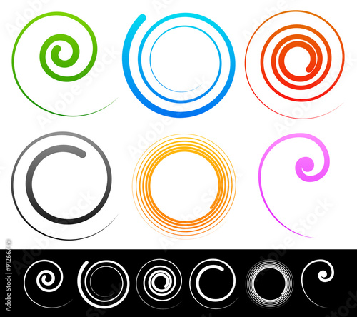 Colorful spirals, swirl, twirl shapes. White versions included.