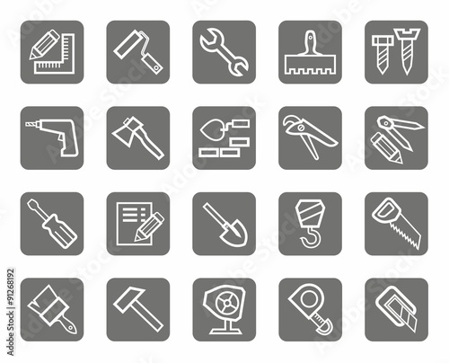 Icons, workers and construction tools, the gray background. 