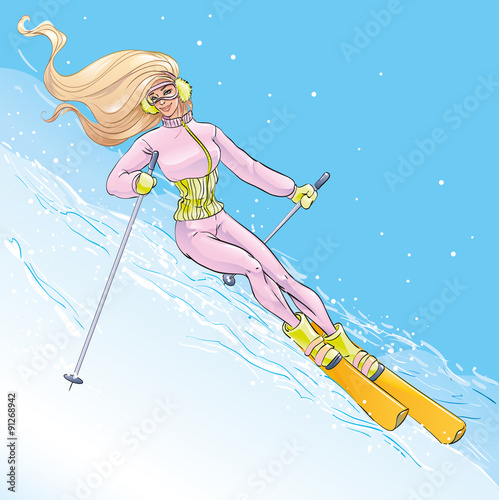 Beautiful athletic blonde smiling girl in the mountains has been skiing extreme active winter sports in the New Year and Christmas holidays, spends his free time and vacation, vector