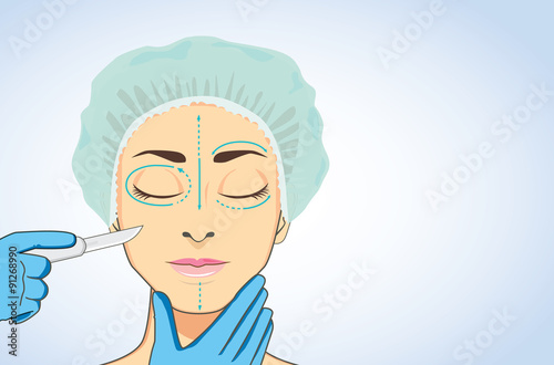 Woman wearing surgical caps sleeping for ready to cosmetic surgery. beautician hands holding surgical scalpel blade ready for surgery on her face marked.