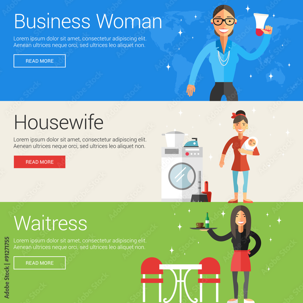 Business Woman. Housewife. Waitress. Flat Design Vector Illustration Concepts for Web Banners and Promotional Materials