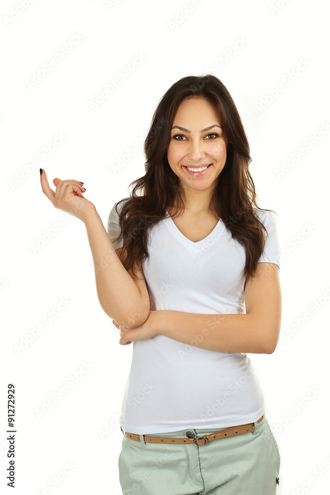 Young beautiful brunette woman in white shirt on white background
