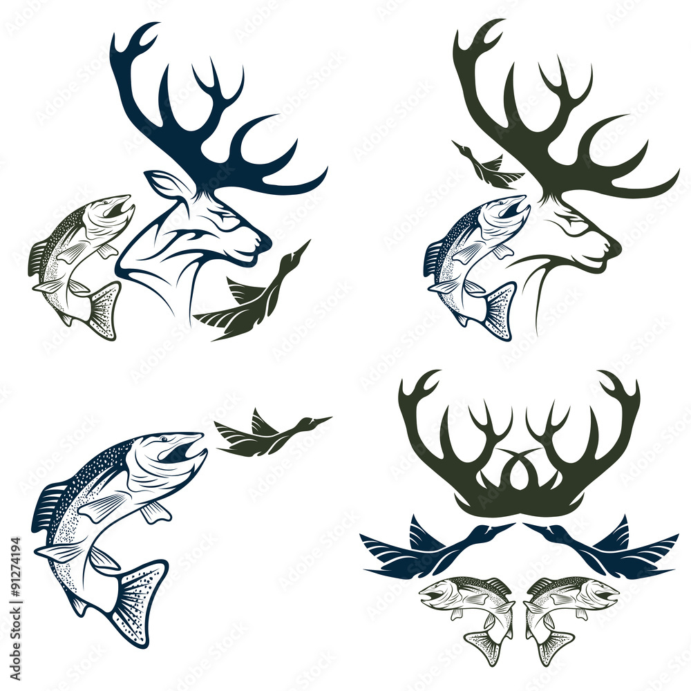 Obraz premium Set of vintage hunting and fishing labels and design elements