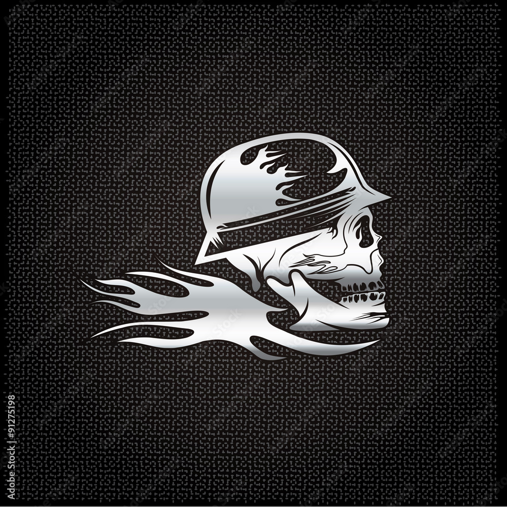 Fototapeta premium silver skull in helmet with flame concept vector design template