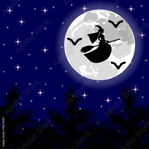 witch flying on a broom on a full moon in the forest