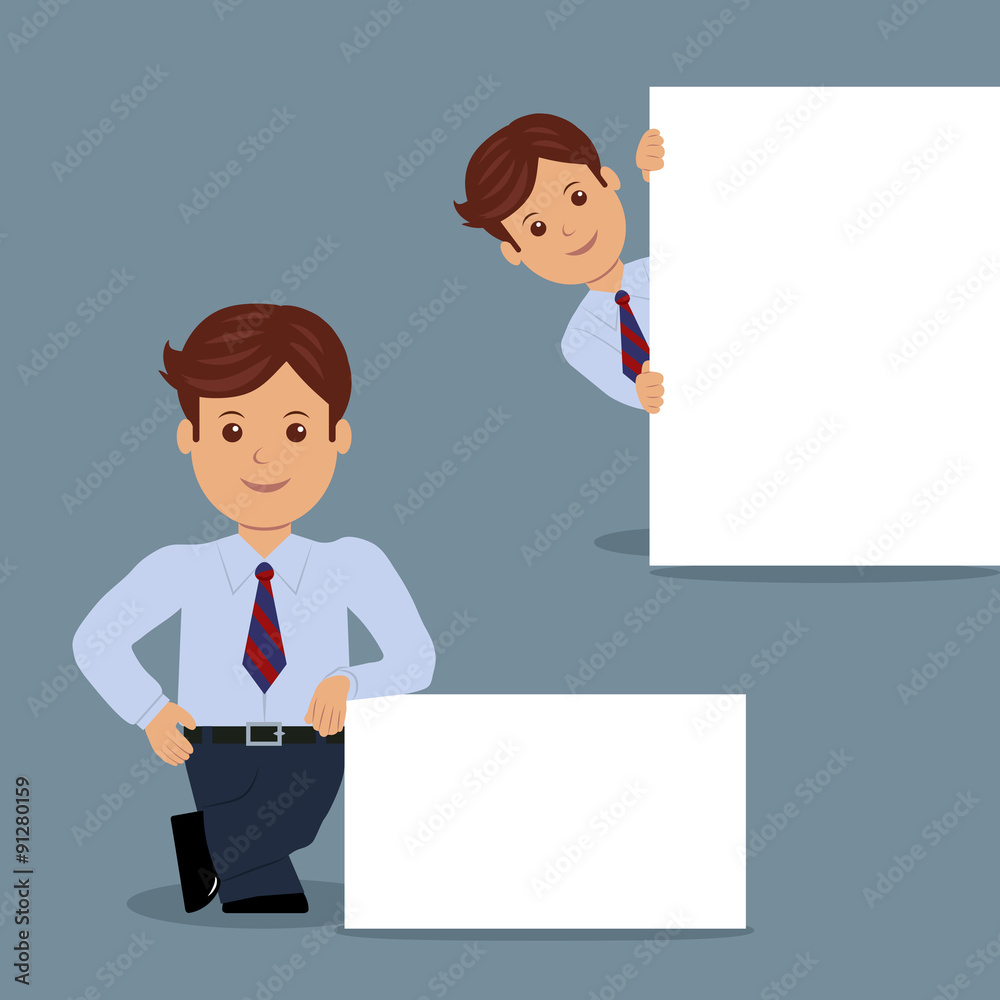 Set of businessman with blank white banner in various action. Set of businessman with blank white banner in various action.