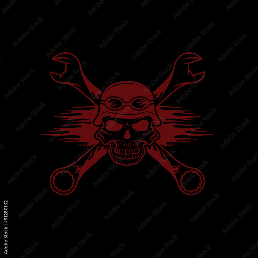 skull in helmet and wrenches with flames