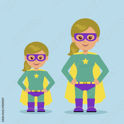Mother and daughter dressed as superhero. 