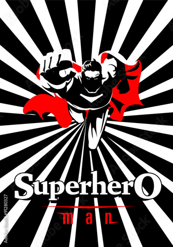 Flying superhero on camera. Black and white graphic