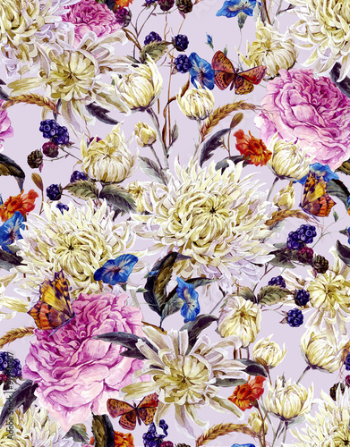 Fototapeta Naklejka Na Ścianę i Meble -  Watercolor Floral Seamless Background  with Chrysanthemums