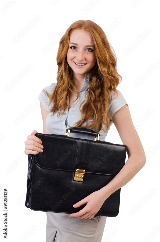 Pretty young employee with briefcase isolated on white Pretty young employee with briefcase isolated on white