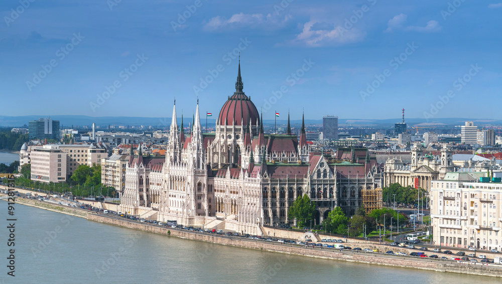 Panoramic view the building of the Parliament in Budapest, Hungary - the capital of Hungary