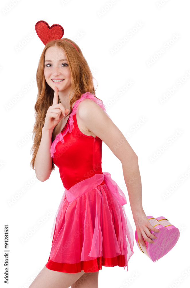 Pretty young model in mini pink dress holding gift box isolated Pretty young model in mini pink dress holding gift box isolated