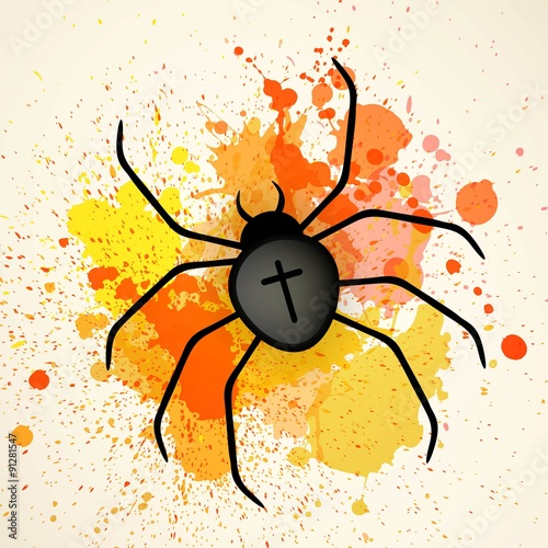 Vector Illustration of a Black Spider on a Watercolor Background