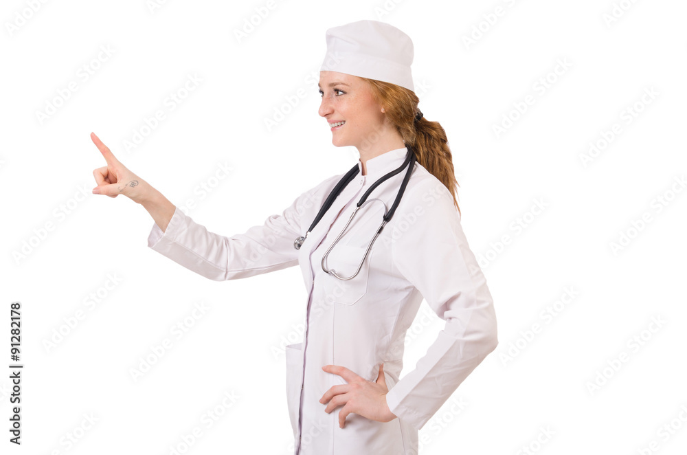 Pretty female doctor with stethoscope isolated on white